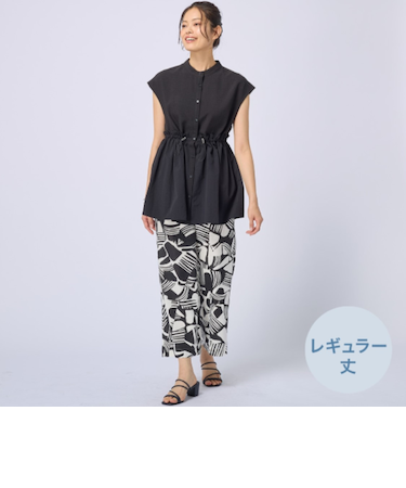 接触冷感麻混セミワイドパンツプリントレギュラー丈 (23119)