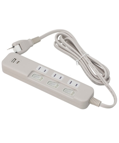USB付節電タップ3個口(TypeA×1+TypeC×1 モカ)