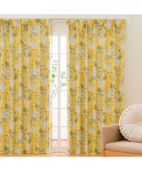 遮光2級 遮熱 ドレープカーテン デコホーム 遮光2級・遮熱ドレープカーテン(100X190X2 リーフ イエロー DH143