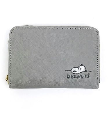 スヌーピー パス付きコインケース デスク刺繍 PEANUT コンパクトウォレット グレー  マリモクラフト
