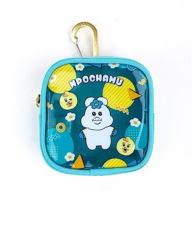 んぽちゃむ スクエアクリアポーチ (A) カラビナ付き ブルー 小物入れ