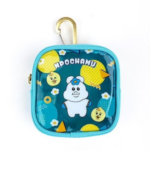 んぽちゃむ スクエアクリアポーチ (A) カラビナ付き ブルー 小物入れ