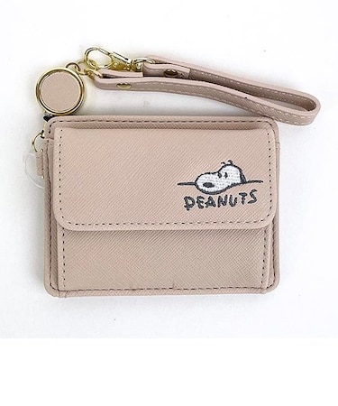 スヌーピー パス&コインケース ピンクベージュ デスク刺繍 リール付き ICカードケース 定期入れ