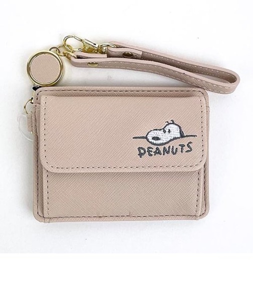 スヌーピー パス&コインケース ピンクベージュ デスク刺繍 リール付き ICカードケース 定期入れ