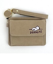 スヌーピー パス&コインケース ベージュ デスク刺繍 リール付き ICカードケース 定期入れ