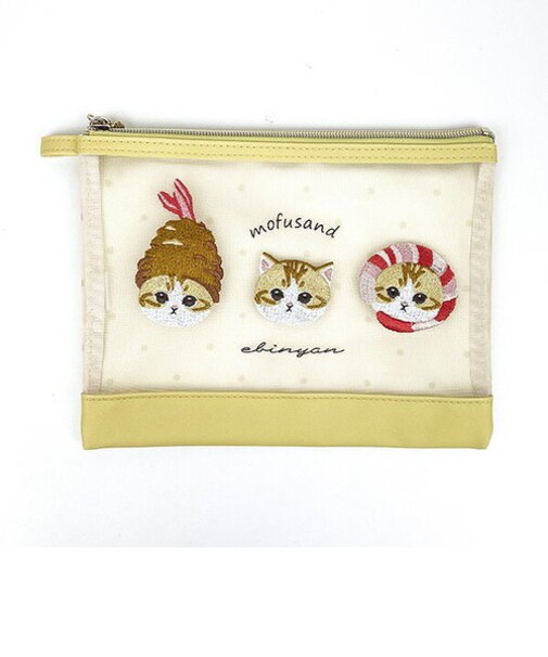 モフサンド mofusand えびにゃん フラットポーチ (イエロー） メッシュシリーズ 小物入れ
