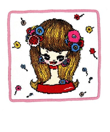 内藤ルネ タオルハンカチ 花飾りと少女 ホワイト シェニール織り