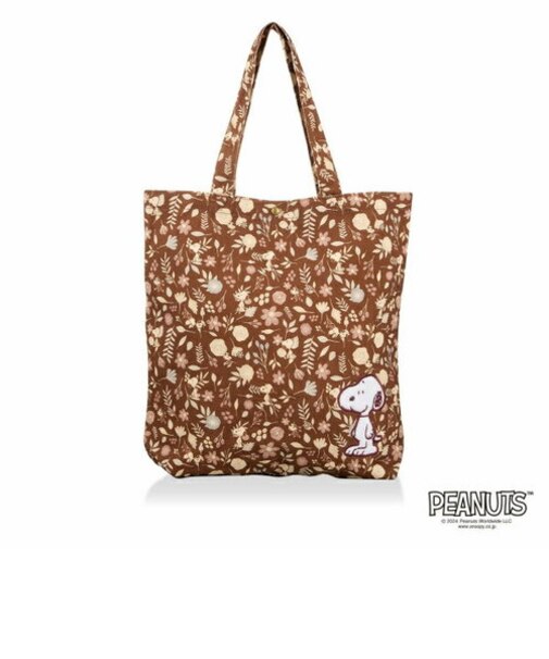 スヌーピー 刺繍 帆布トートバッグ ブラウン (フラワーガーデン)