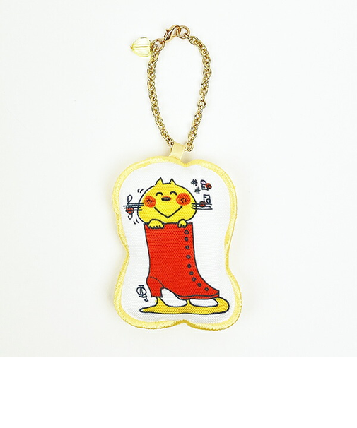 水森亜土 チャームマスコット スケートみーたん イエロー 猫 チェーン付き キーホルダー