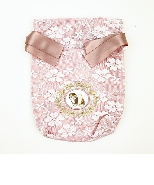 モフサンド mofusand おおきめ巾着 レース×刺繍 巾着袋 ピンク