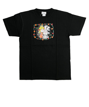 水森亜土 ウサギ＆ガール 半袖Tシャツ(M) ブラック アパレル