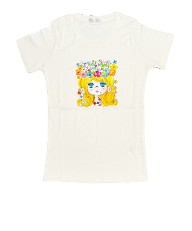 水森亜土 お花の少女柄 オーガニックコットン半袖Tシャツ(M) ホワイト アパレル