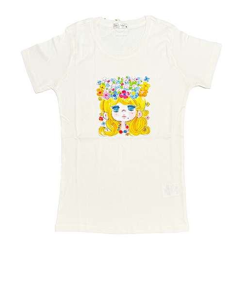 水森亜土 お花の少女柄 オーガニックコットン半袖Tシャツ(M) ホワイト アパレル