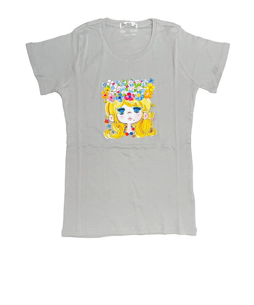 水森亜土 お花の少女柄 オーガニックコットン半袖Tシャツ(M) グレー アパレル