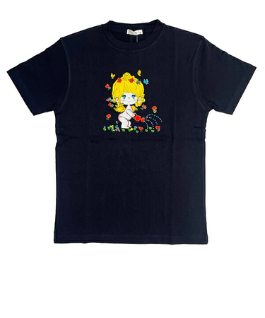 水森亜土 水やり柄 コットン半袖Tシャツ(L) ネイビー アパレル