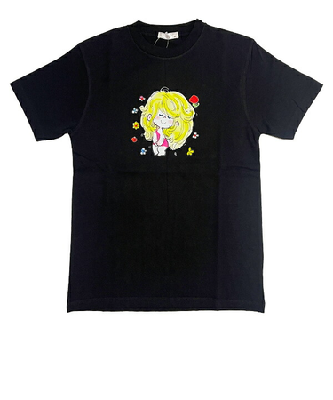 水森亜土 少女柄 コットン半袖Tシャツ(M) ブラック アパレル