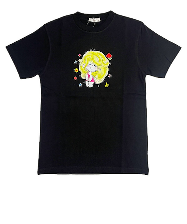 水森亜土 少女柄 コットン半袖Tシャツ(L) ブラック アパレル