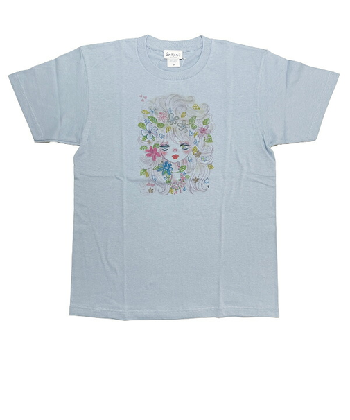 水森亜土 フェイスフラワー 半袖Tシャツ(M) ブルー アパレル