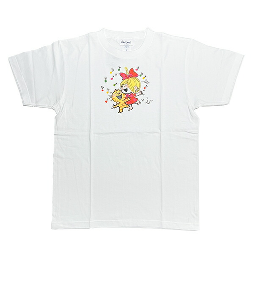 水森亜土 ネコ&ガール 半袖Tシャツ(M) ホワイト アパレル