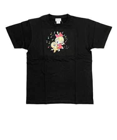 水森亜土 ネコ＆ガール 半袖Tシャツ(M) ブラック アパレル