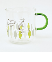 スヌーピー グリーン・リーフ カラーハンドル耐熱ガラスマグカップ コップ 日本製 SNOOPY