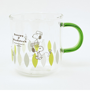 スヌーピー グリーン・リーフ カラーハンドル耐熱ガラスマグカップ コップ 日本製 SNOOPY