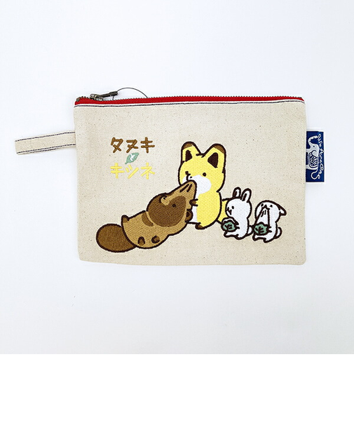 タヌキとキツネ 刺繍ポーチ