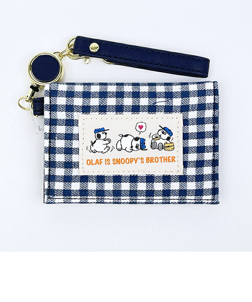 スヌーピー オラフ リール付き二つ折りパスケース ネイビーチェック SNOOPY