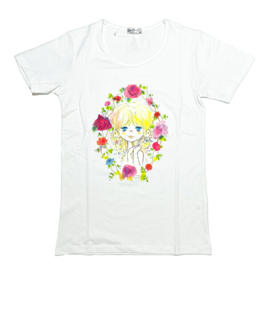 水森亜土 お花の少女柄 プリント半袖Tシャツ(L) ホワイト アパレル