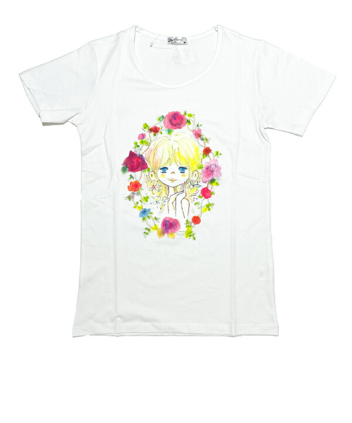 水森亜土 お花の少女柄 プリント半袖Tシャツ(L) ホワイト アパレル