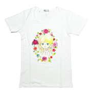 水森亜土 お花の少女柄 プリント半袖Tシャツ(LL) ホワイト アパレル