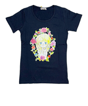 水森亜土 お花の少女柄 プリント半袖Tシャツ(M) ネイビー アパレル