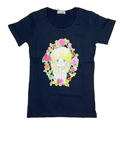 水森亜土 お花の少女柄 プリント半袖Tシャツ(L) ネイビー アパレル