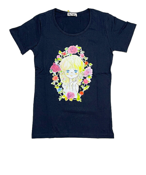 水森亜土 お花の少女柄 プリント半袖Tシャツ(L) ネイビー アパレル