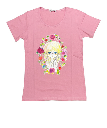 水森亜土 お花の少女柄 プリント半袖Tシャツ(M) ローズピンク アパレル
