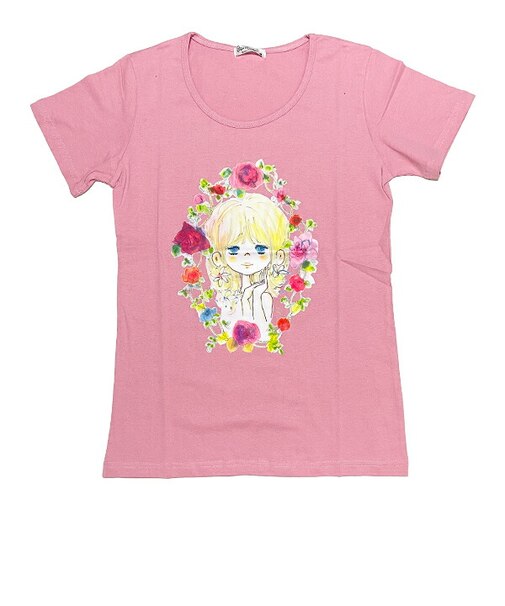 水森亜土 お花の少女柄 プリント半袖Tシャツ(L) ローズピンク アパレル