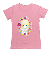 水森亜土 お花の少女柄 プリント半袖Tシャツ(LL) ローズピンク アパレル