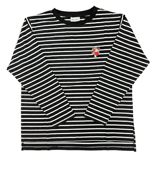 水森亜土 刺繍ボーダーロングTシャツ ハート ホワイト×ブラック 長袖 アパレル