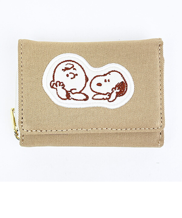 スヌーピー チャーリーブラウン ファスナー三つ折り財布 アップリケ ベージュ SNOOPY
