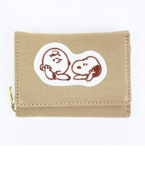 スヌーピー チャーリーブラウン ファスナー三つ折り財布 アップリケ ベージュ SNOOPY