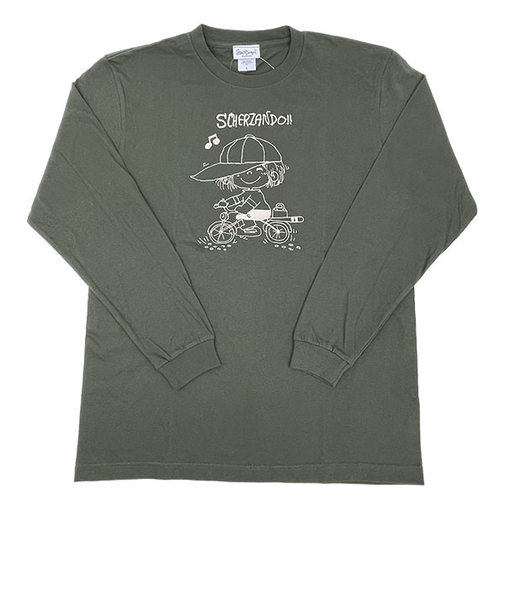 水森亜土 刺繍ロングスリーブTシャツ (ジテンシャ) アーミーグリーン 長袖 アパレル