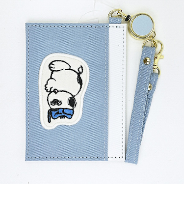 スヌーピー リール付シングルパスケース ブルー アップリケ 定期入れ SNOOPY