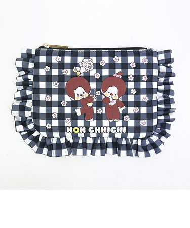 モンチッチ ギンガムチェック フリルポーチ 黒 レトロ
