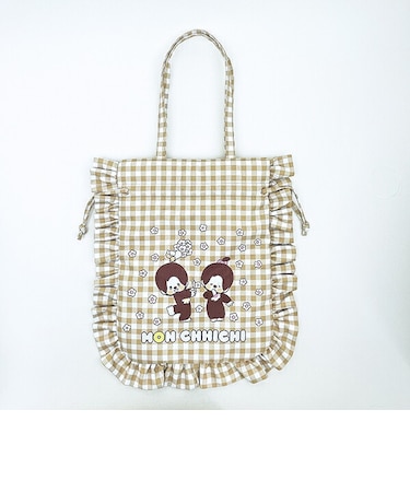 モンチッチ ギンガムチェック フリル巾着トートバッグ マスタード レトロ