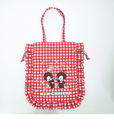 モンチッチ ギンガムチェック フリル巾着トートバッグ 赤 レトロ