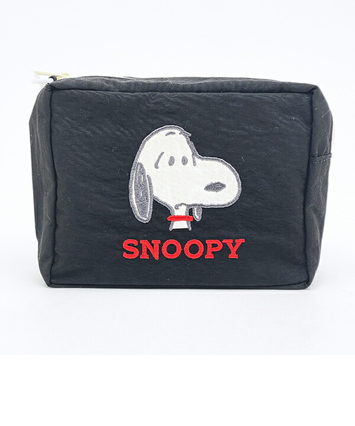 スヌーピー アップリケ刺繍 スクエアポーチ ブラック SNOOPY