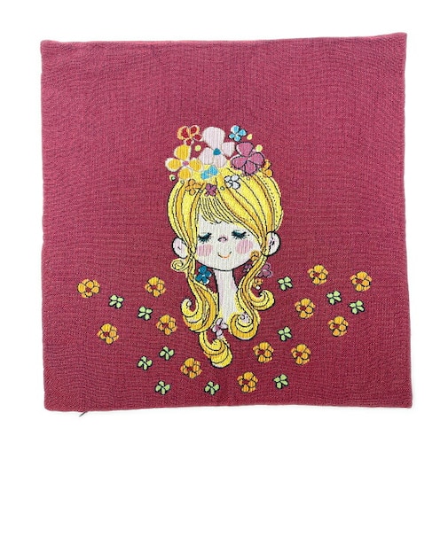 水森亜土 和雑貨 ゴブラン クッションカバー フラワー バーガンディー