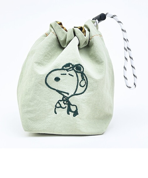 スヌーピー チェック リバーシブル巾着ポーチ グリーン SNOOPY