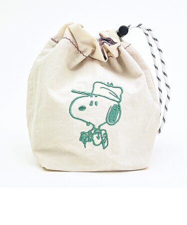 スヌーピー チェック リバーシブル巾着ポーチ アイボリー SNOOPY