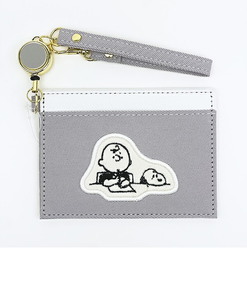 スヌーピー リール付きシングルパスケース アップリケ グレー 定期入れ SNOOPY